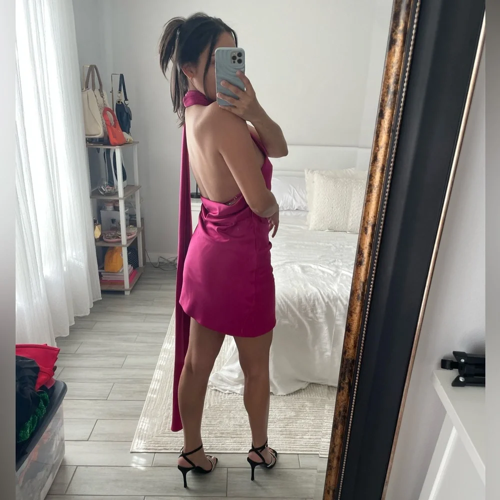 House of CB AIDA Hot Pink Asymmetric Wrap Neck Mini Dress | XS